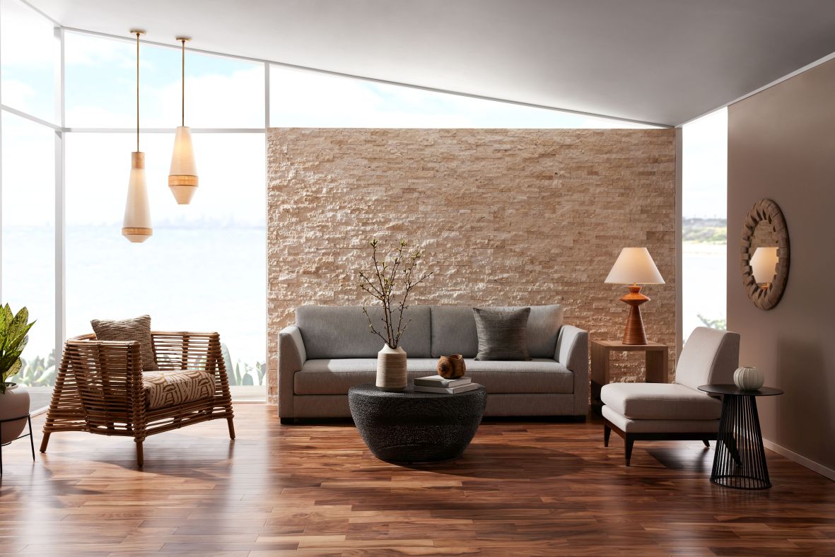 Arteriors, Rafferty Lounge Chair £6,215, Shreveport £992 and Sherwood Pendants £992 (2)